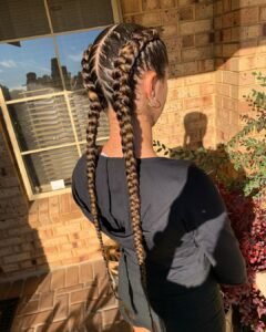 rear view of two long brown dutch braids with blonde highlights on a woman in sunlight.