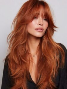 long layered ginger hair with curtain bangs and soft waves