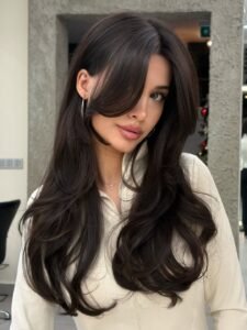 long dark brown hair with voluminous layers and soft curtain bangs