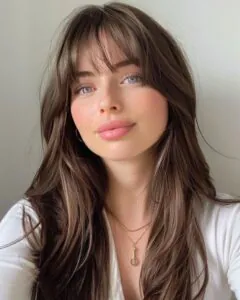 woman with long brown hair featuring curtain bangs and face-framing layers.