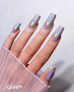 long square holographic nails with a vibrant rainbow shimmer finish.