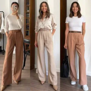 three women styling tailored neutral trousers with cream sweaters blouses and white t-shirts