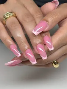 long square pink french tip nails with a soft light pink base