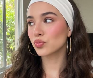woman with long wavy brown hair wearing a wide white fabric headband and gold hoop earrings.