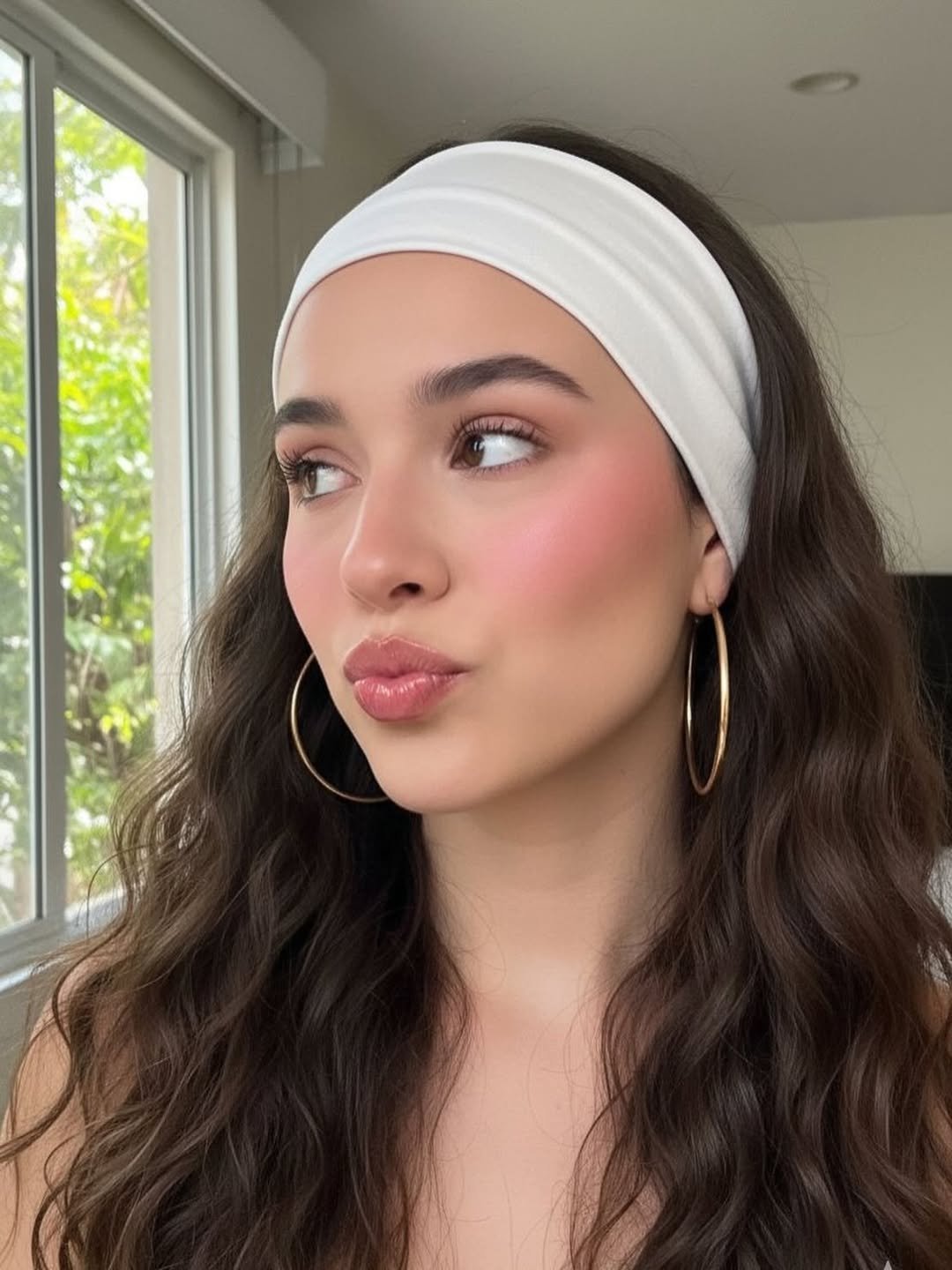 woman with long wavy brown hair wearing a wide white fabric headband and gold hoop earrings.