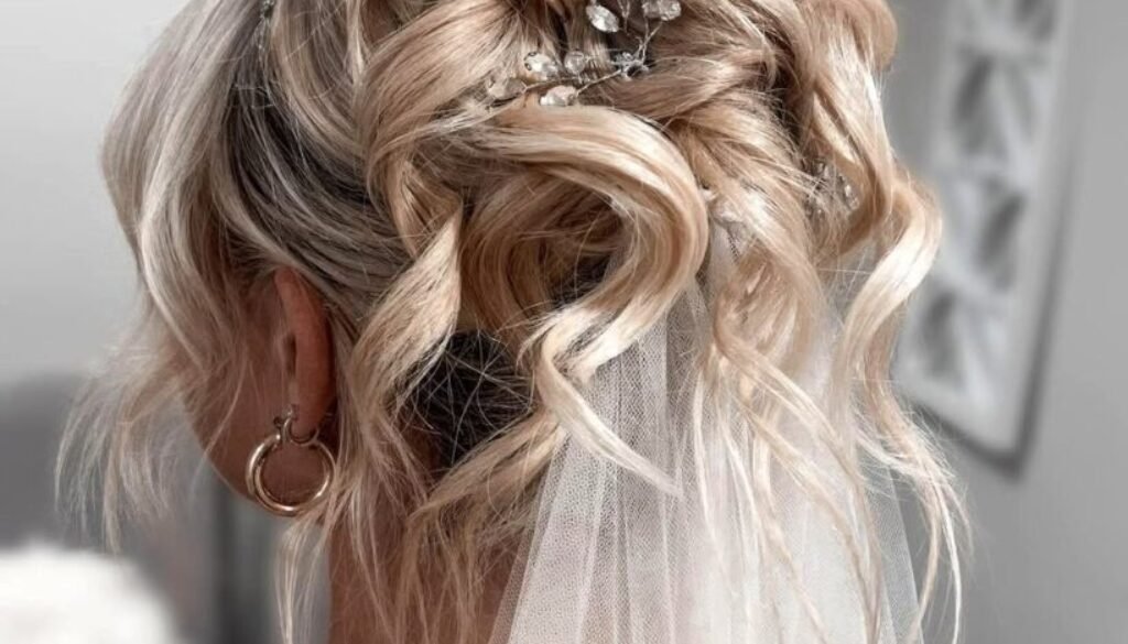 blonde wavy bridal updo with sparkling hair pins and a sheer white veil