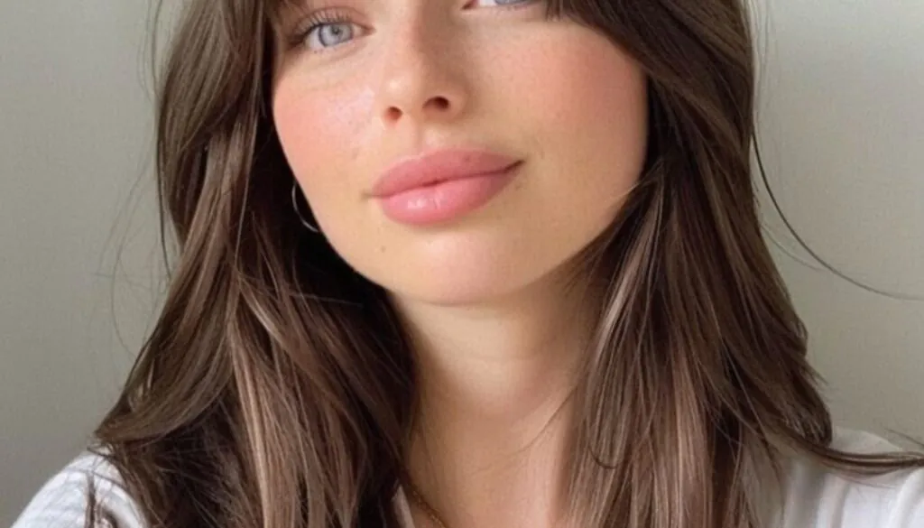 woman with long brown hair featuring curtain bangs and face-framing layers.