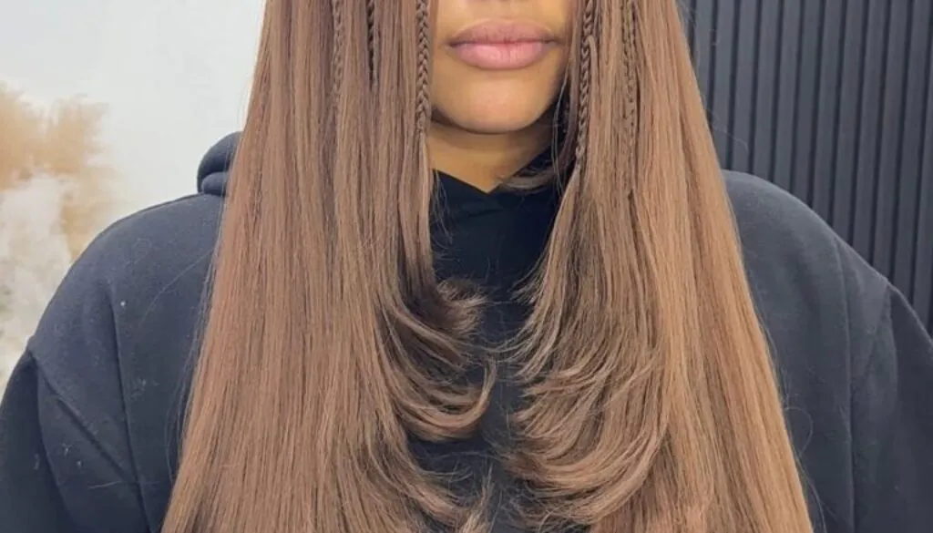 Gemini said woman with long brown boho layered braids featuring sleek straight ends and face-framing plaits.