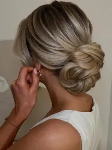 back view of woman with elegant low blonde chignon wedding hairstyle