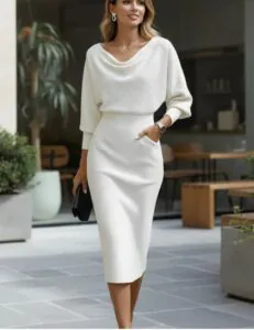 woman wearing an elegant white draped midi dress with long sleeves in a courtyard.