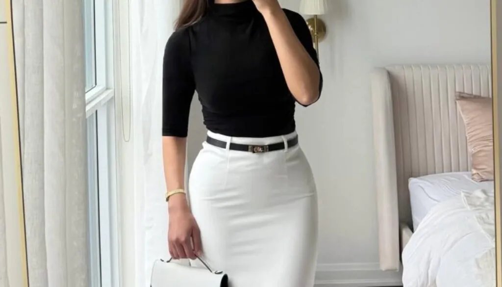 woman in black mock neck top and white maxi skirt taking a mirror selfie.
