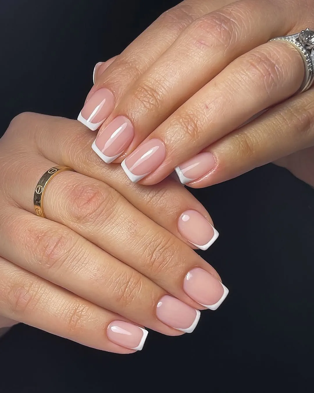 classic square gel nails with a clean and glossy white french manicure design