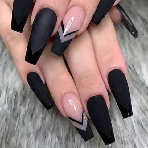long coffin gel nails featuring a matte black finish and geometric chevron designs