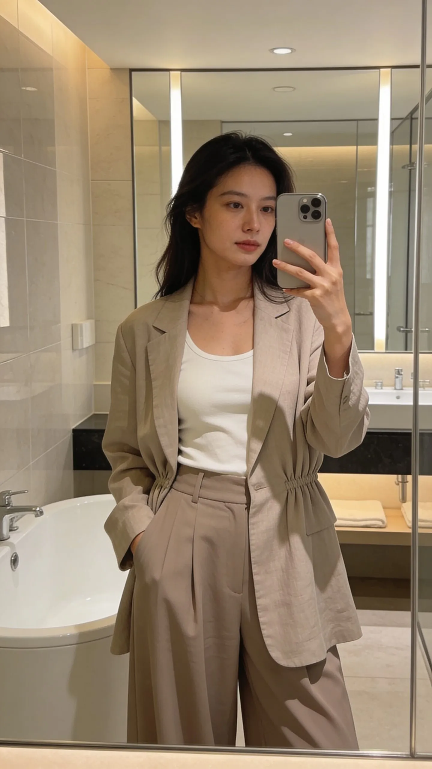 woman wearing tan linen blazer and matching trousers taking a bathroom mirror selfie