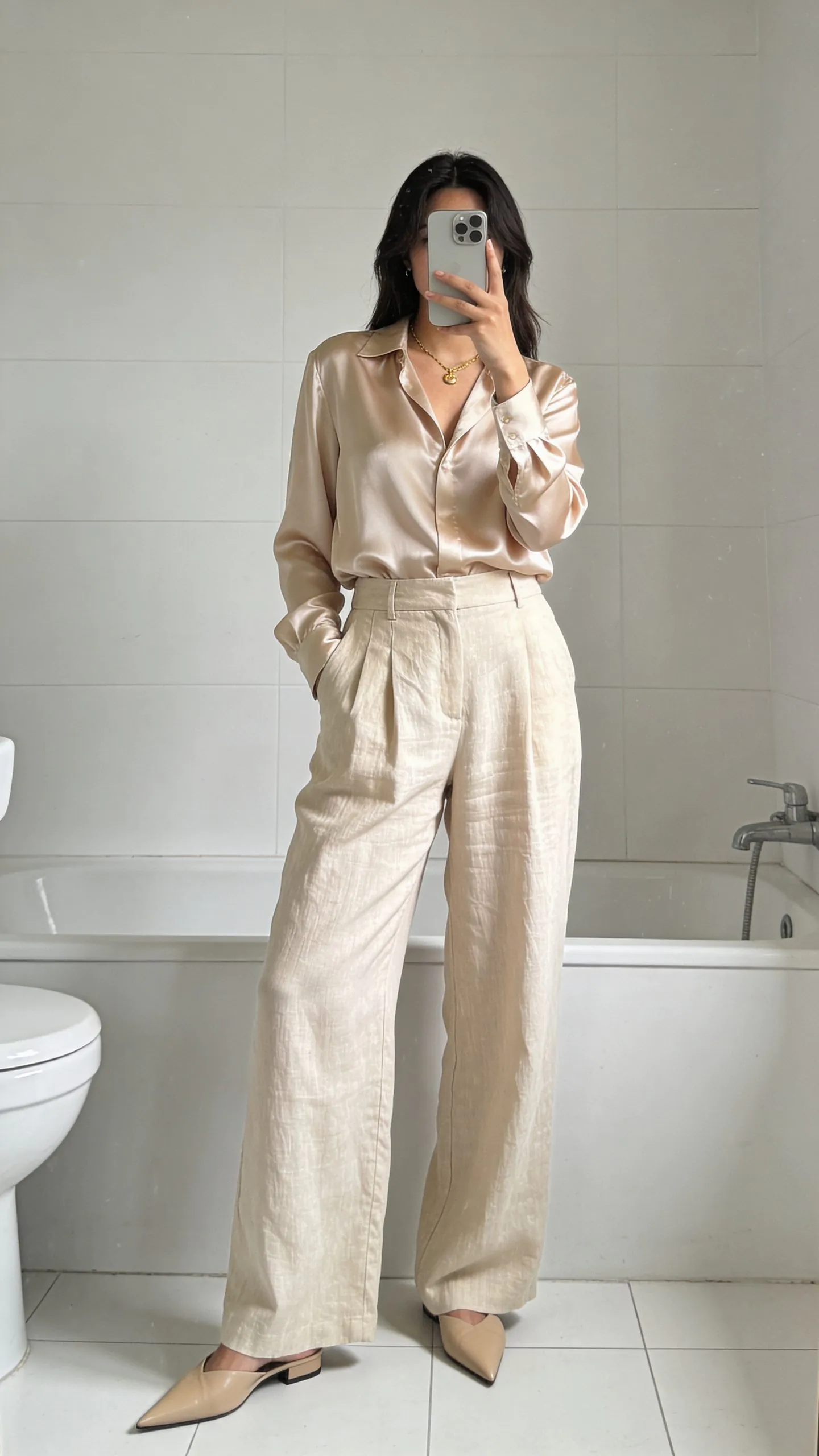 woman wearing satin champagne blouse and beige pleated trousers taking a bathroom mirror selfie