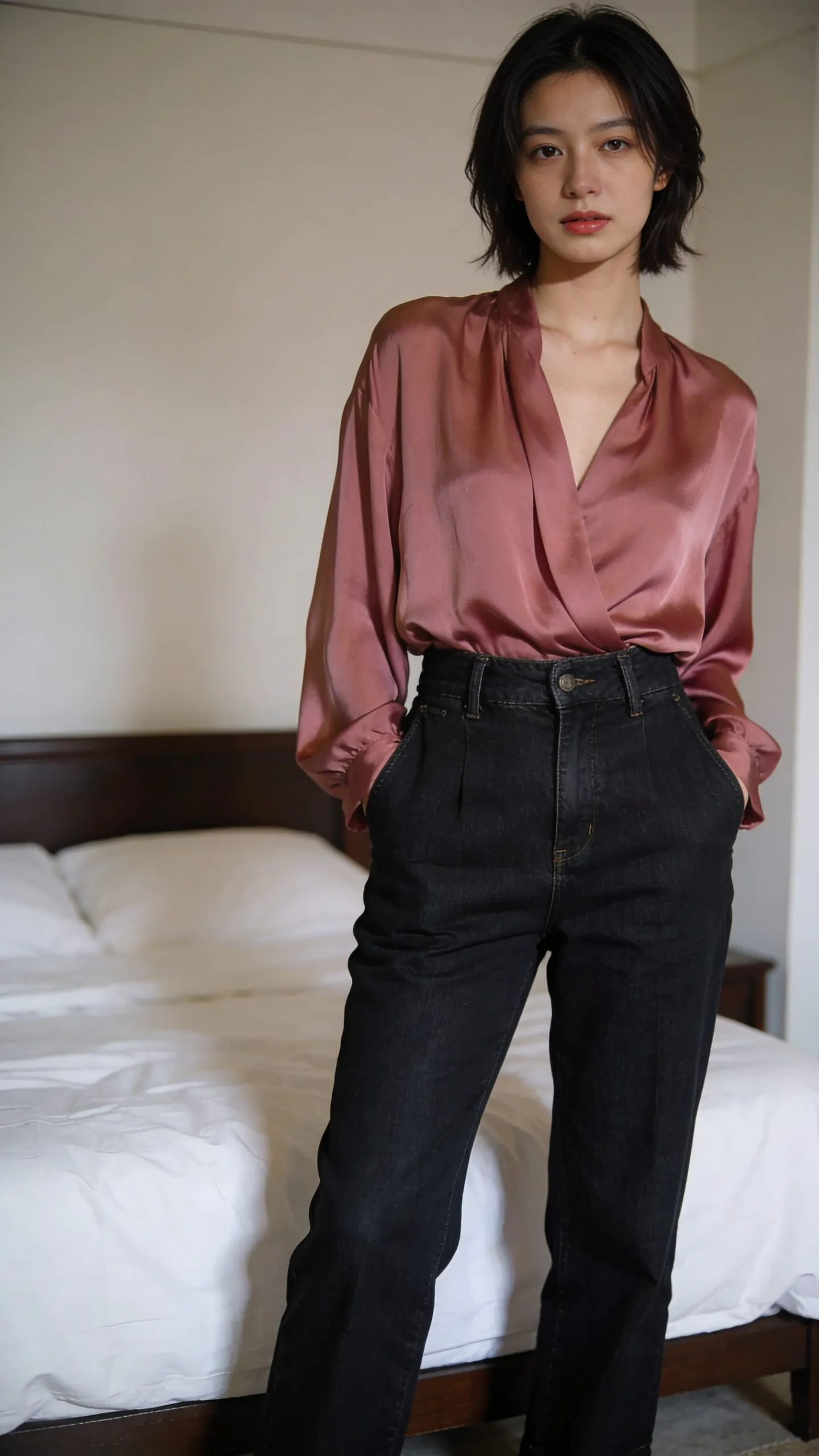 woman in dusty rose silk blouse and black high-waisted jeans standing in a bedroom
