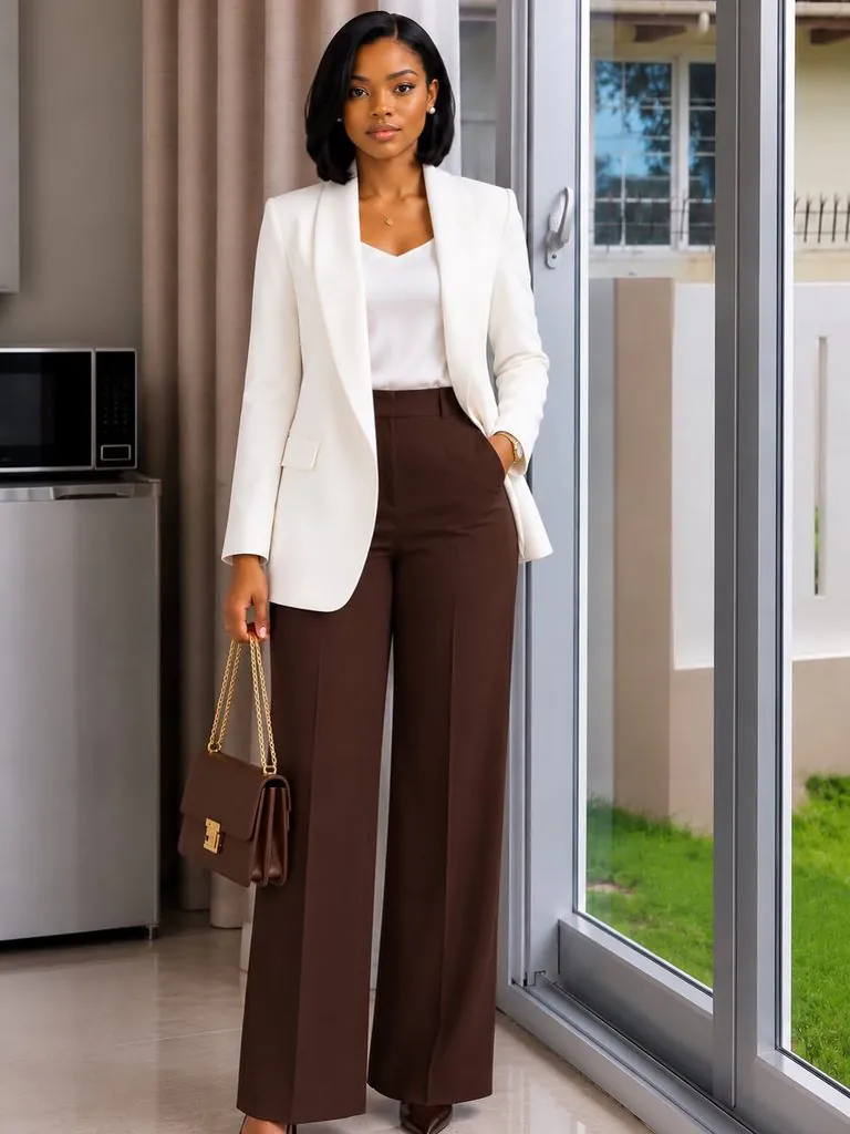 woman standing indoors wearing white blazer and high-waisted dark brown pants