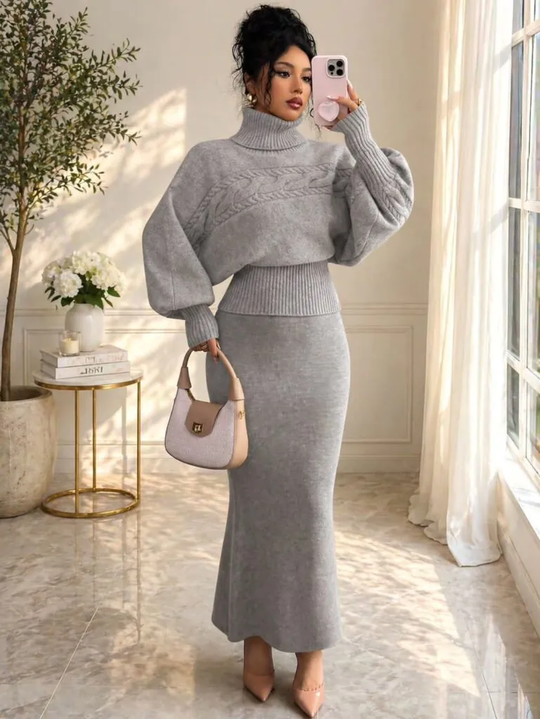 woman posing in knit sweater matching set with maxi skirt