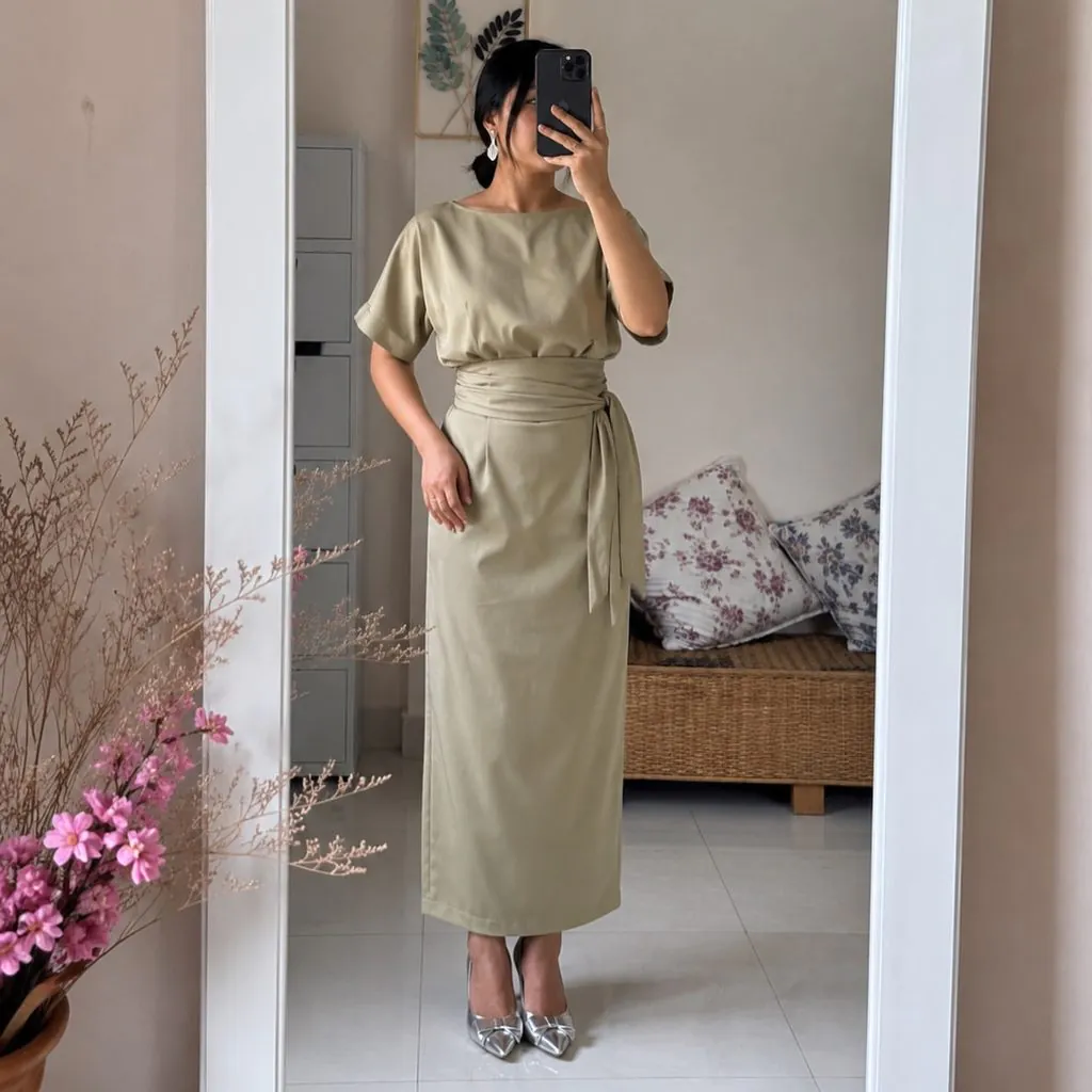 woman taking mirror selfie wearing olive green short sleeve maxi dress