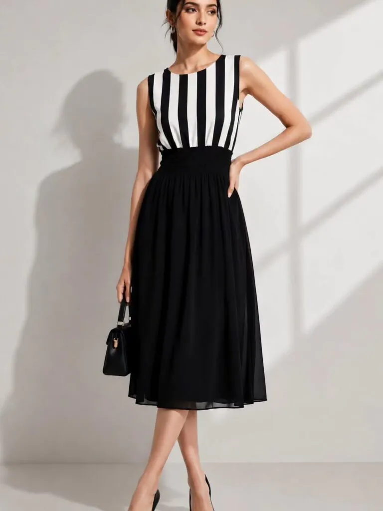 woman standing wearing black and white midi dress