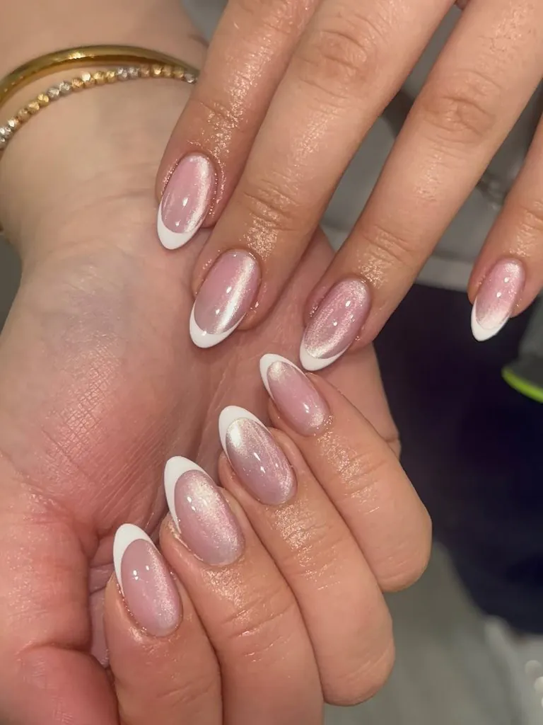 elegant oval cat eye french tip nails with crisp white french tips