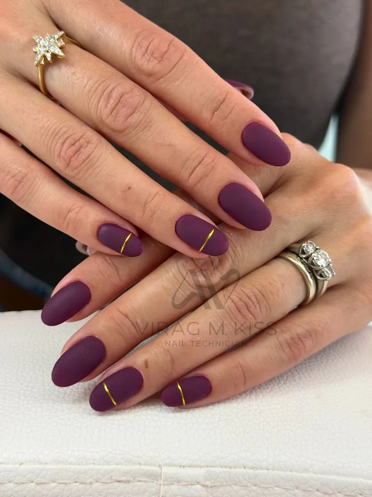 matte plum purple manicure accented with thin gold metallic horizontal stripes