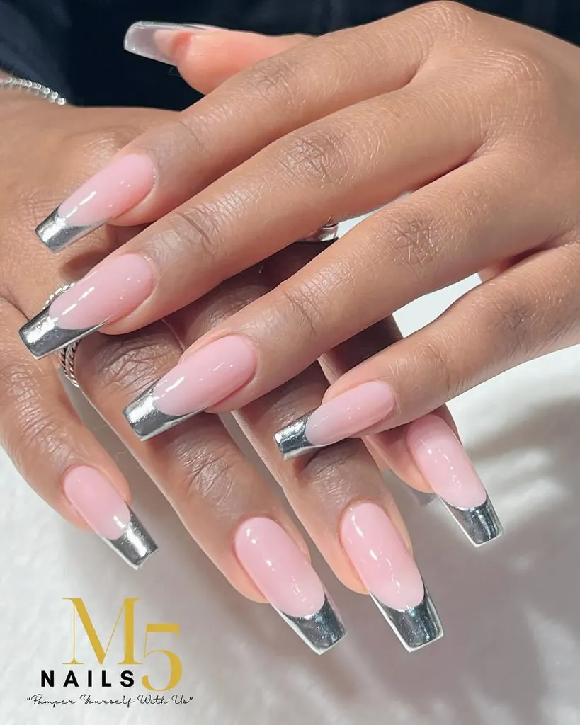long square acrylic manicure with metallic silver french tip nails and pink base