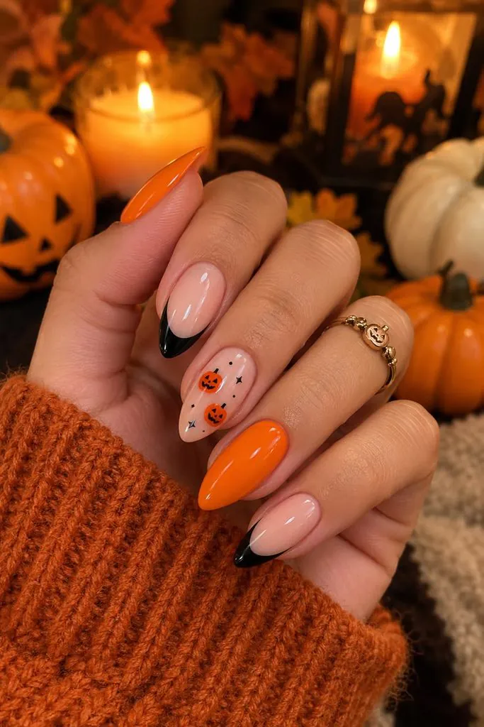 almond orange nails featuring black french tips and jack-o-lantern pumpkin nail art
