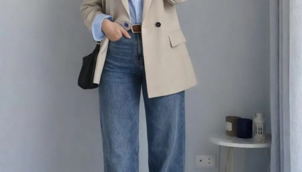 woman in a beige blazer, blue striped shirt, and wide-leg jeans taking a selfie