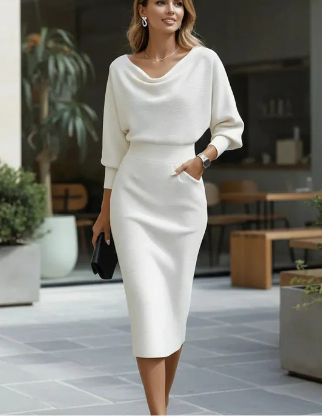 woman wearing an elegant white midi dress with a cowl neckline holding a clutch