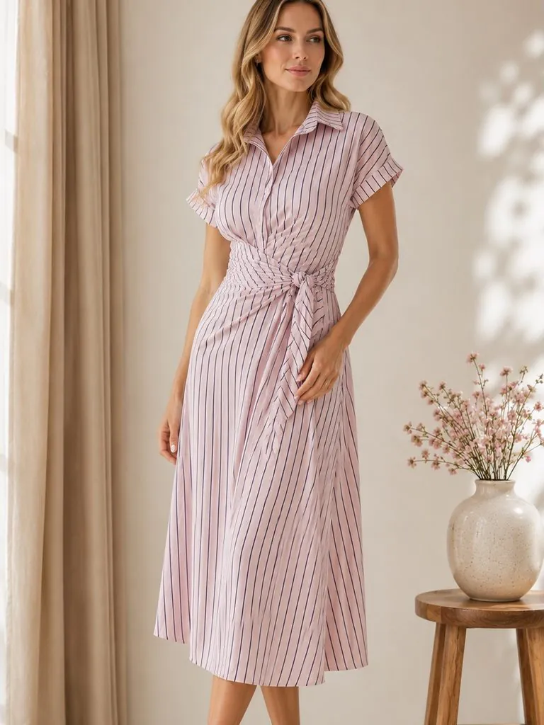 woman wearing a pink and navy striped wrap dress next to a flower vase