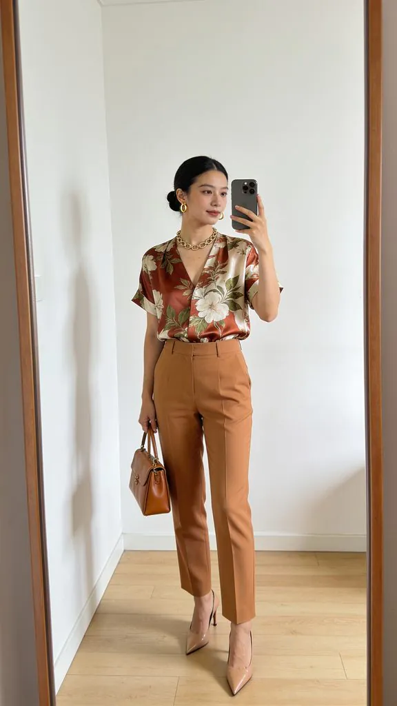 woman wearing a floral satin short-sleeve shirt and tan trousers holding a brown purse