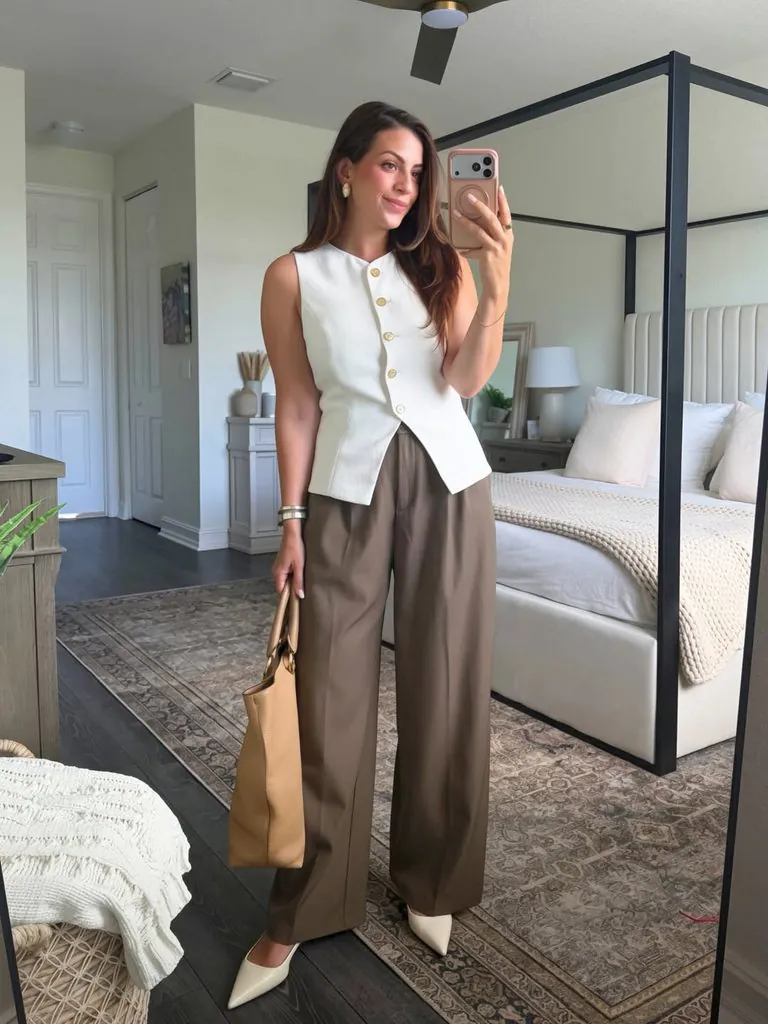 woman wearing a white buttoned vest and brown wide-leg trousers in a bedroom mirror