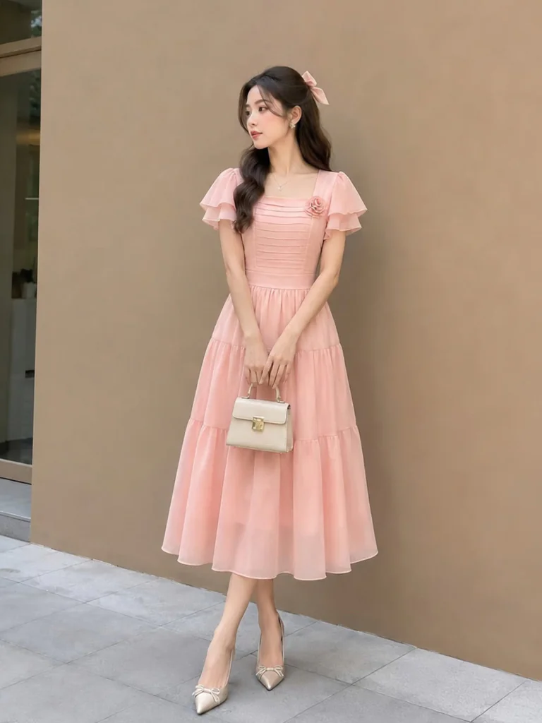 woman wearing a light pink ruffled midi dress tea party outfit with heels