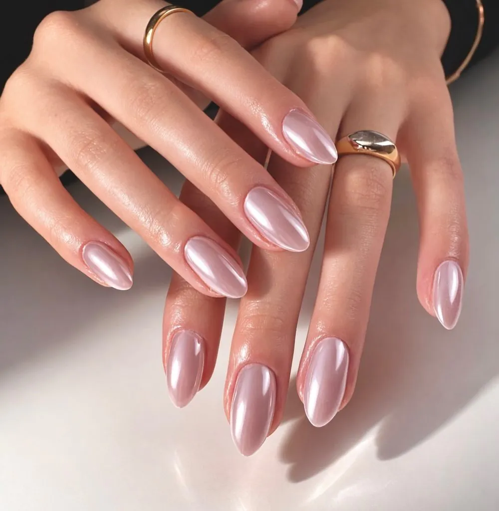 glossy pale pink glazed donut chrome almond nails with minimal gold rings