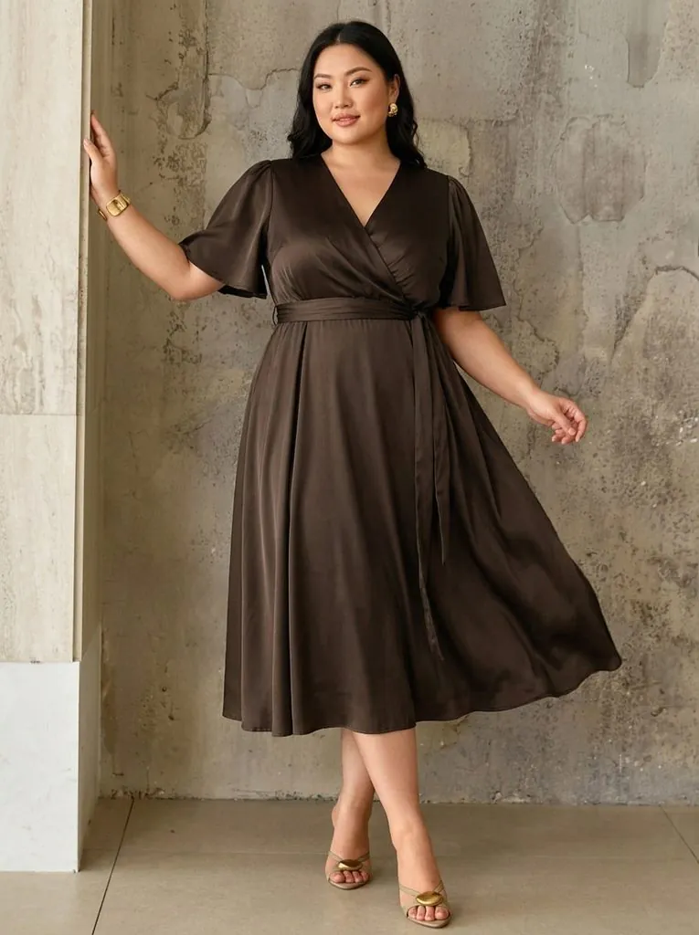 plus size woman posing in a dark brown satin wrap midi dress