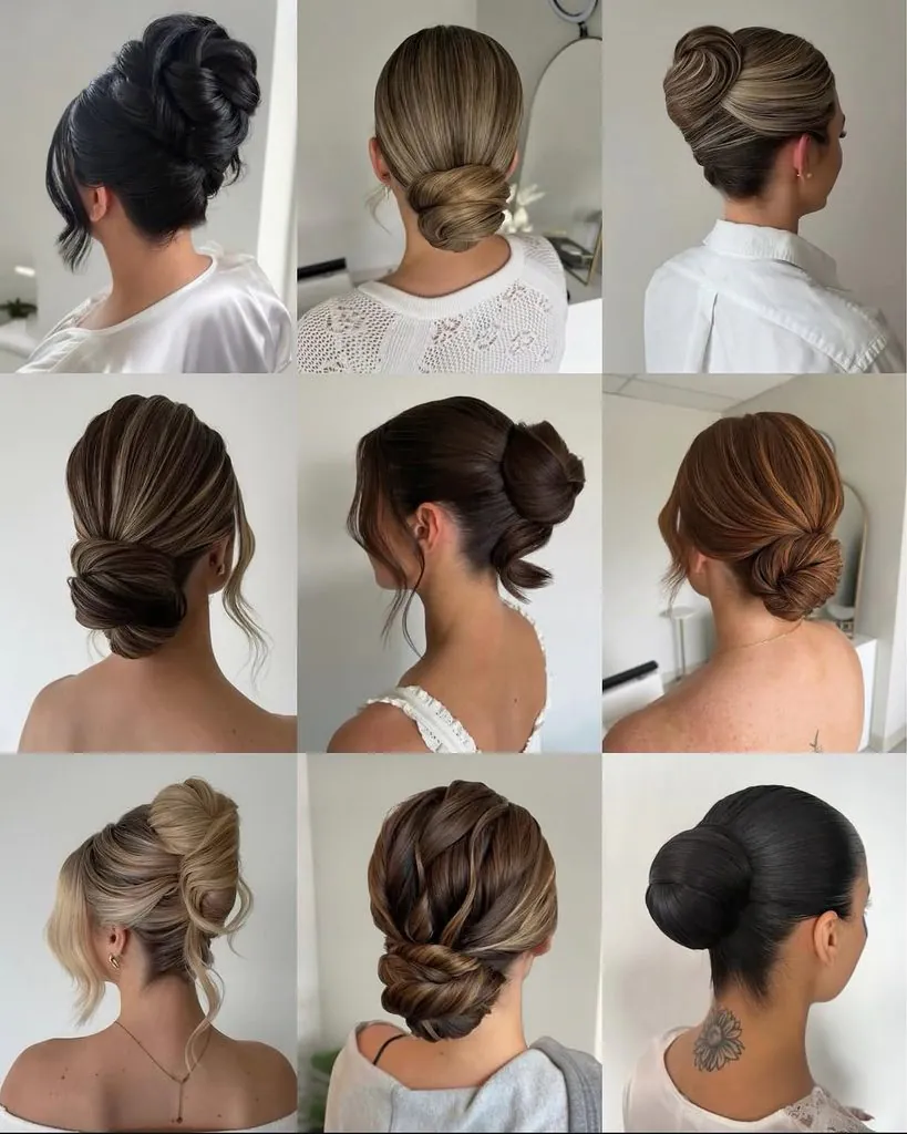 grid of nine different elegant updo hairstyles viewed from behind including chignons and buns