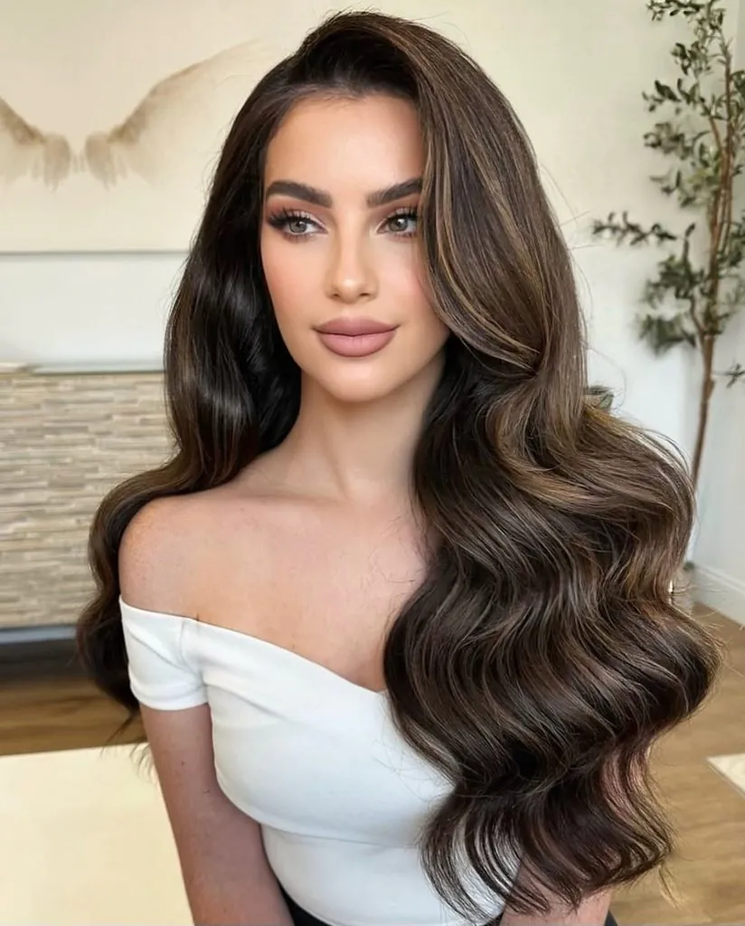 woman with long voluminous dark brown hair styled in soft glamorous waves