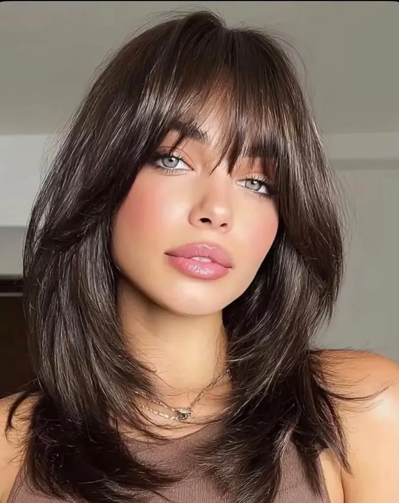 woman with a dark brown layered shag haircut and full wispy bangs