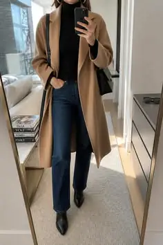 mirror selfie of woman wearing camel wool coat with dark blue jeans