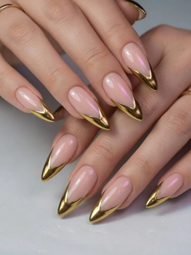 nude almond nails featuring metallic gold v-cut french tips