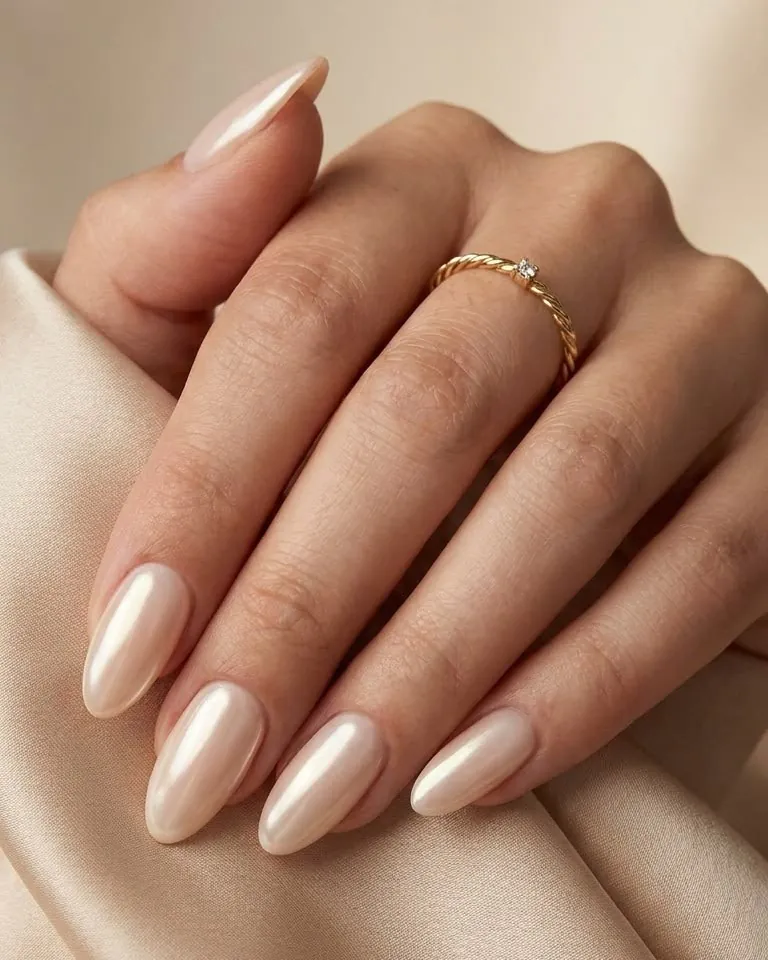 glossy pearlescent nude almond nails on a hand with a gold ring