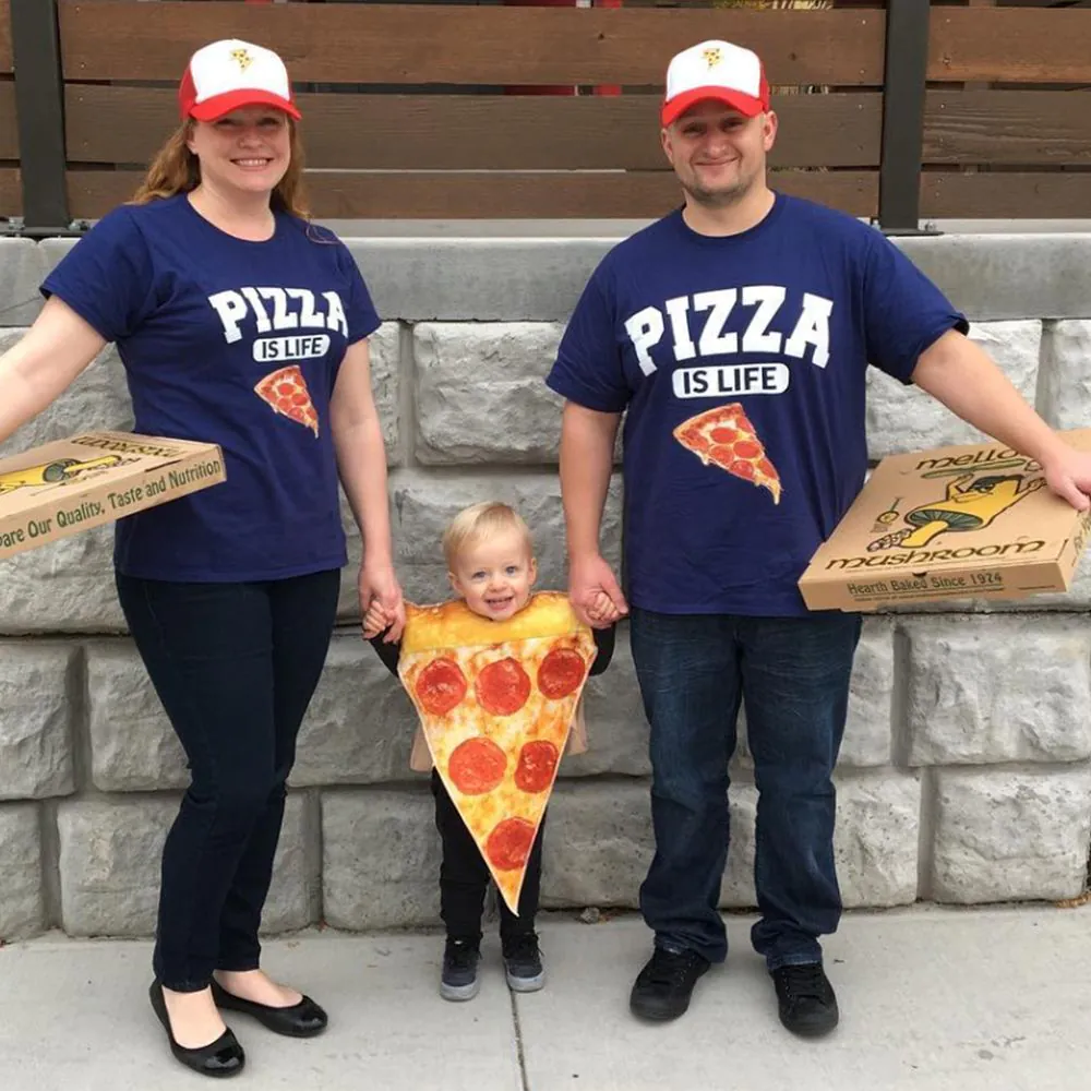family wearing pizza shirts with a toddler in a pepperoni slice costume