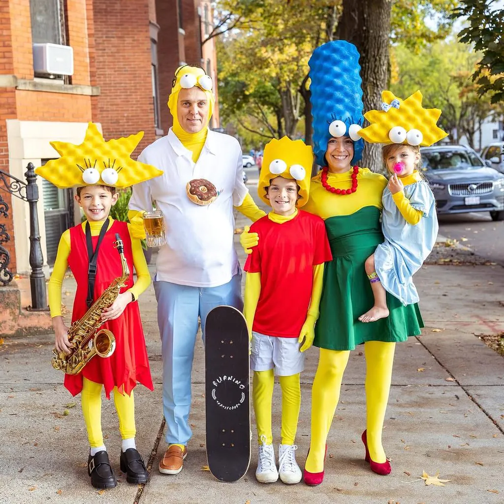 family wearing the simpsons halloween costumes posing together on a city sidewalk