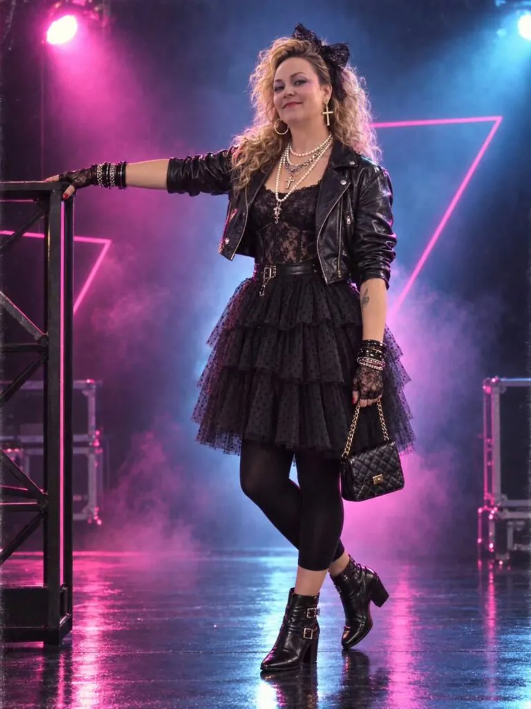 woman dressed as an 1980s pop star wearing a leather jacket, tutu and boots