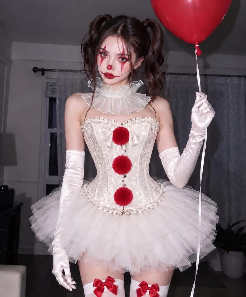 woman wearing a pennywise clown costume with a corset tutu and red balloon