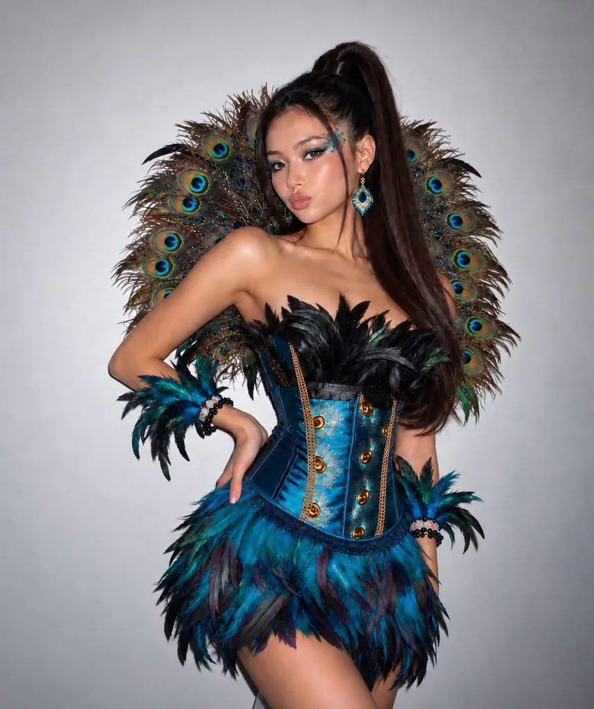 woman wearing a detailed peacock costume featuring a blue corset and real peacock feathers