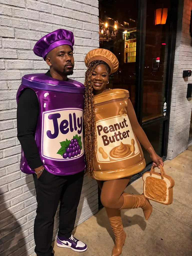 couple wearing peanut butter and jelly jar halloween costumes standing outdoors